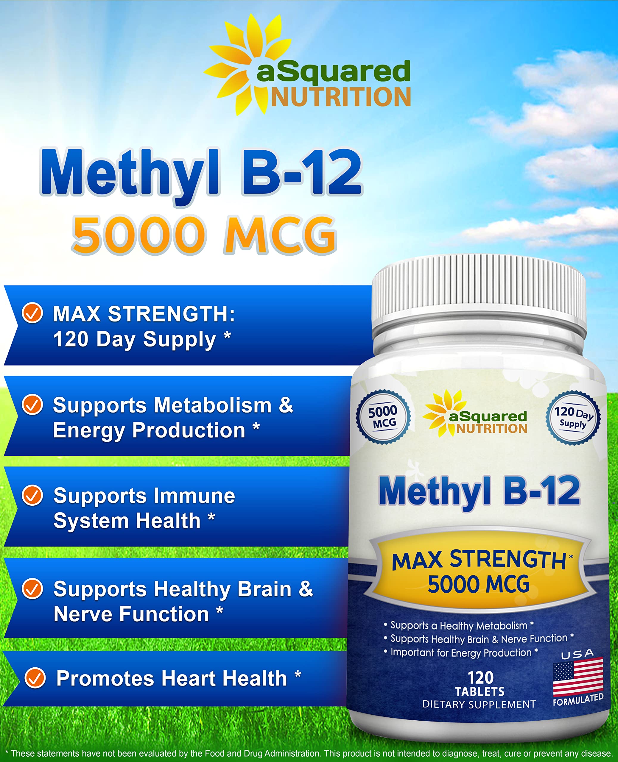 asquared nutrition vitamin b12-5000mcg bottle label close-up highlighting methylcobalamin form for energy support