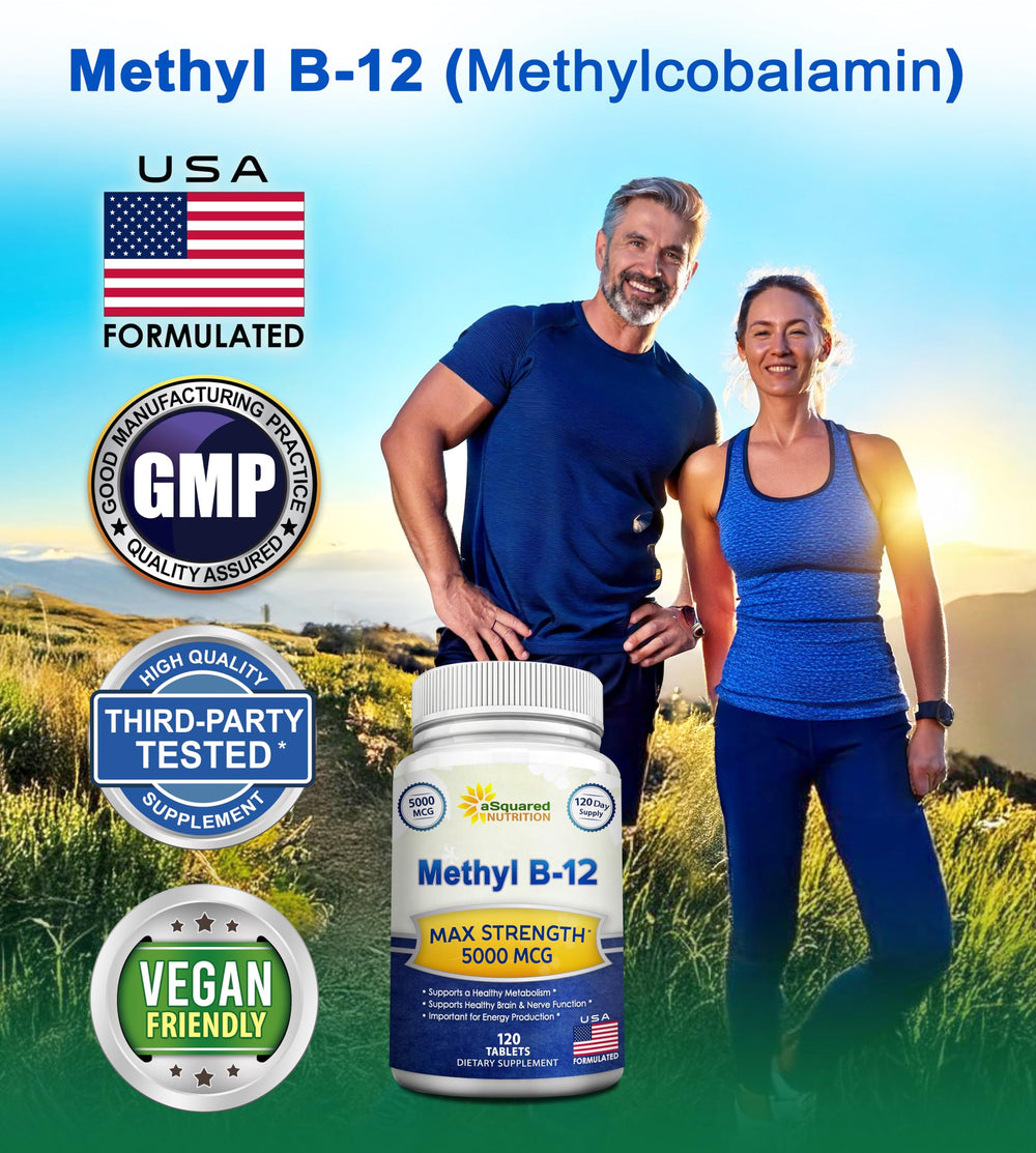 asquared nutrition vitamin b12-5000mcg box packaging showing value and potency