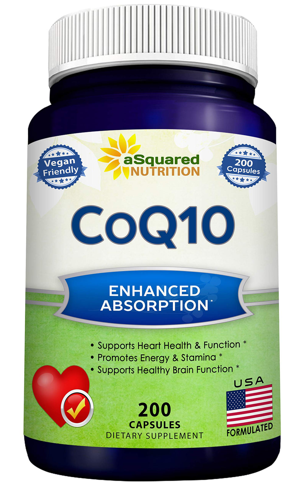 aSquared Nutrition CoQ10 bottle highlighting 400 mg strength and daily heart support
