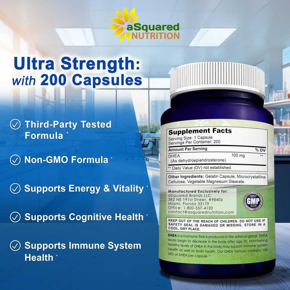 aSquared Nutrition DHEA 100mg bottle top emphasizes freshness and secure cap