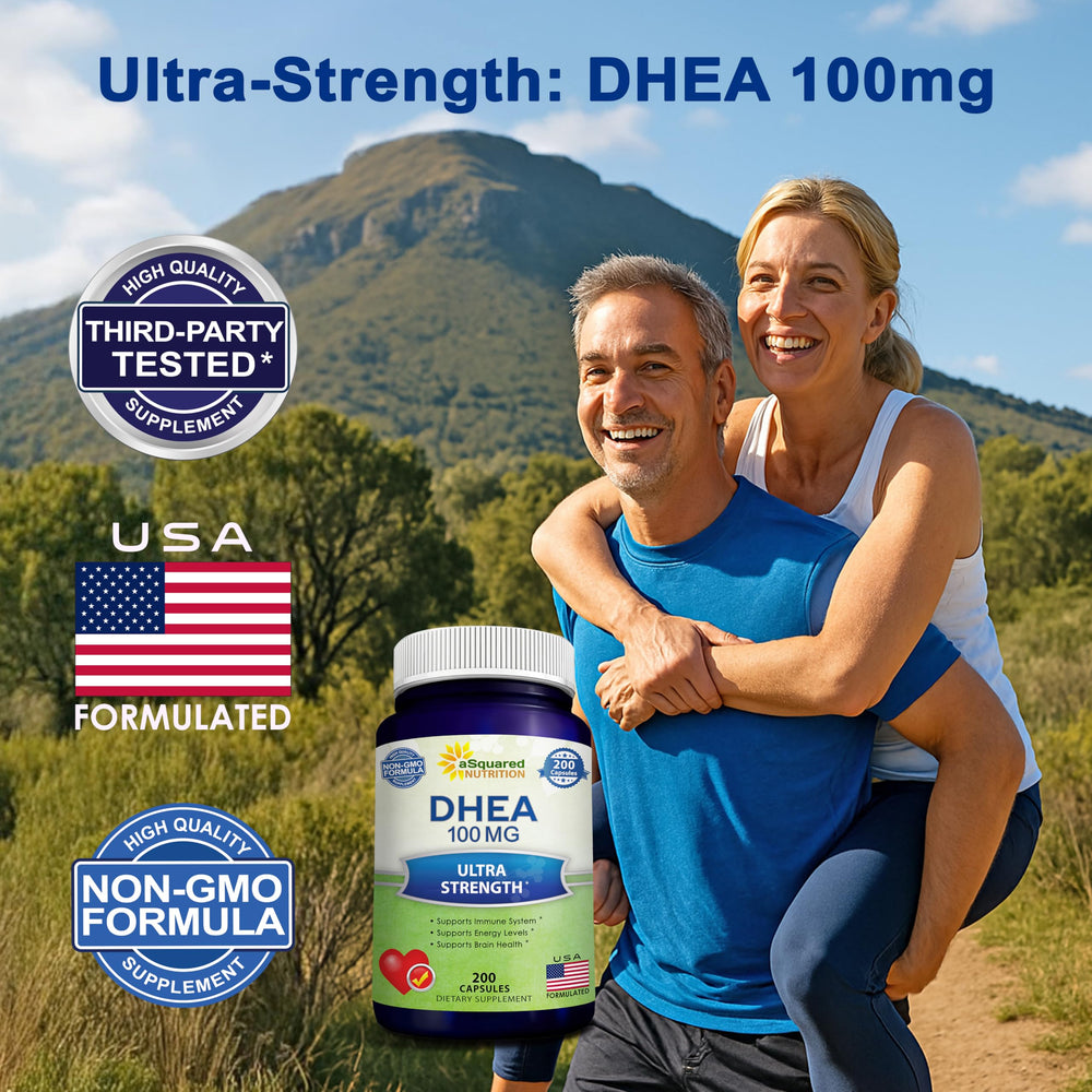 aSquared Nutrition DHEA 100mg capsules close-up highlights high potency for energy