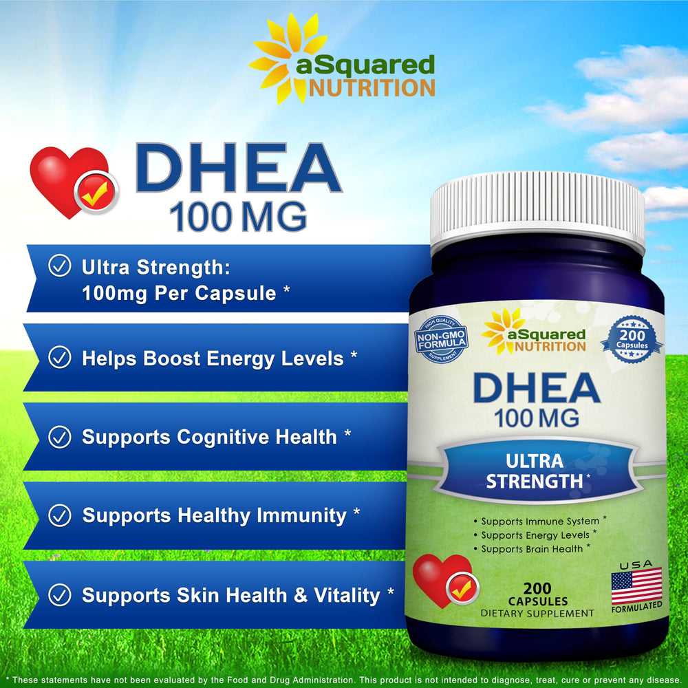 aSquared Nutrition DHEA 100mg label detail confirms USA GMP-compliant formulation