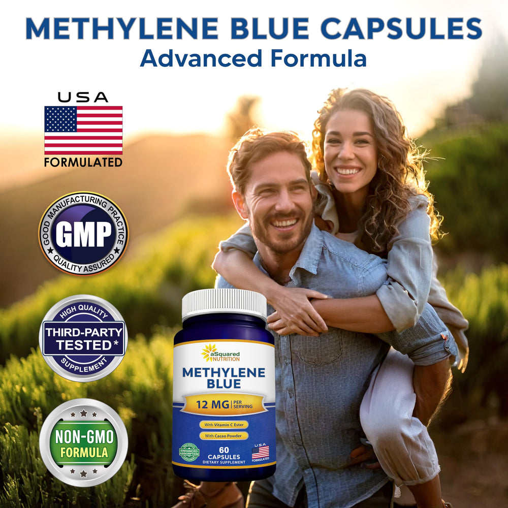 aSquared Nutrition Methylene Blue capsules pour, demonstrating easy dosing for daily routines