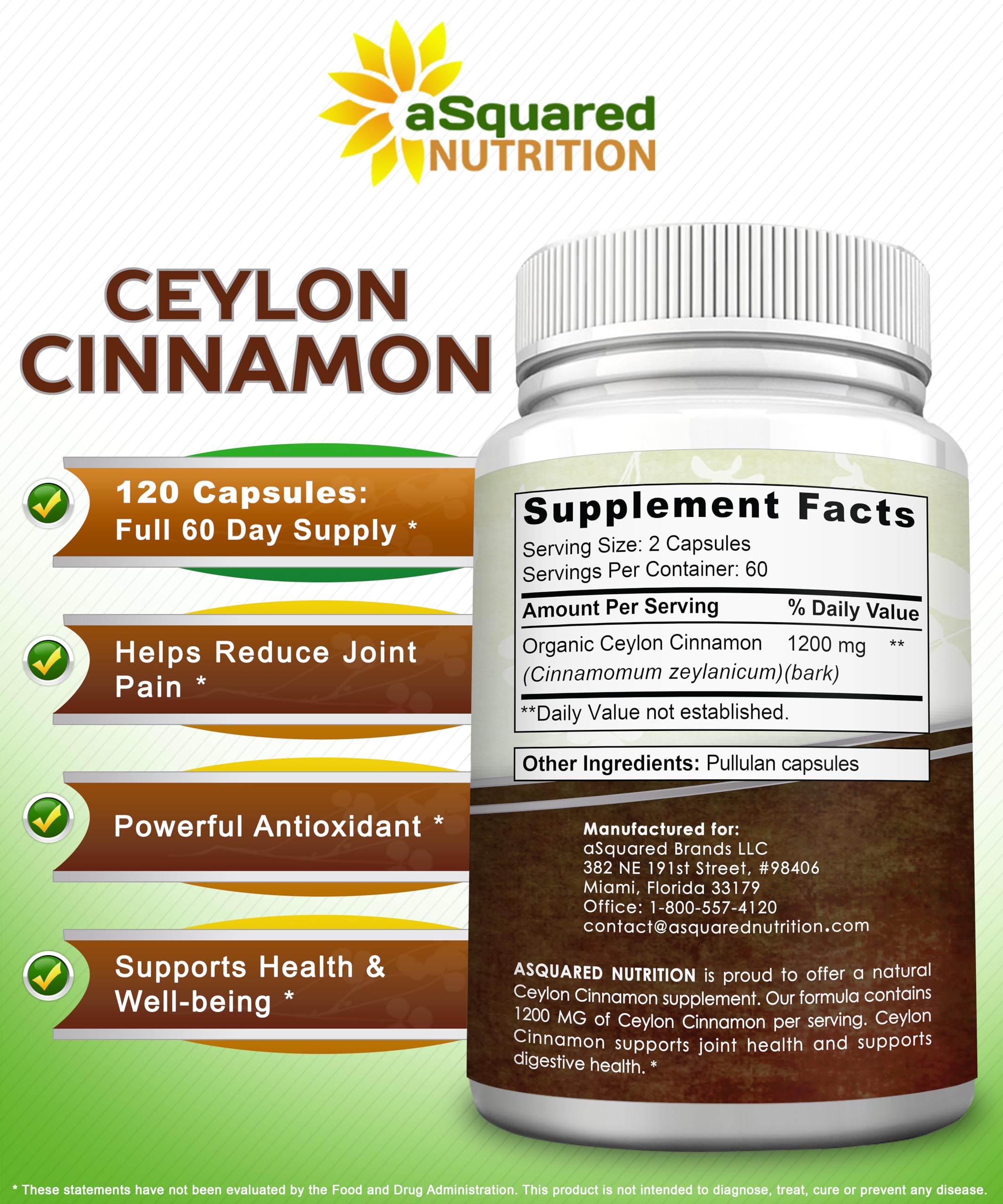 aSquared Nutrition Cinnamon USA formulation note with quality assurance imagery