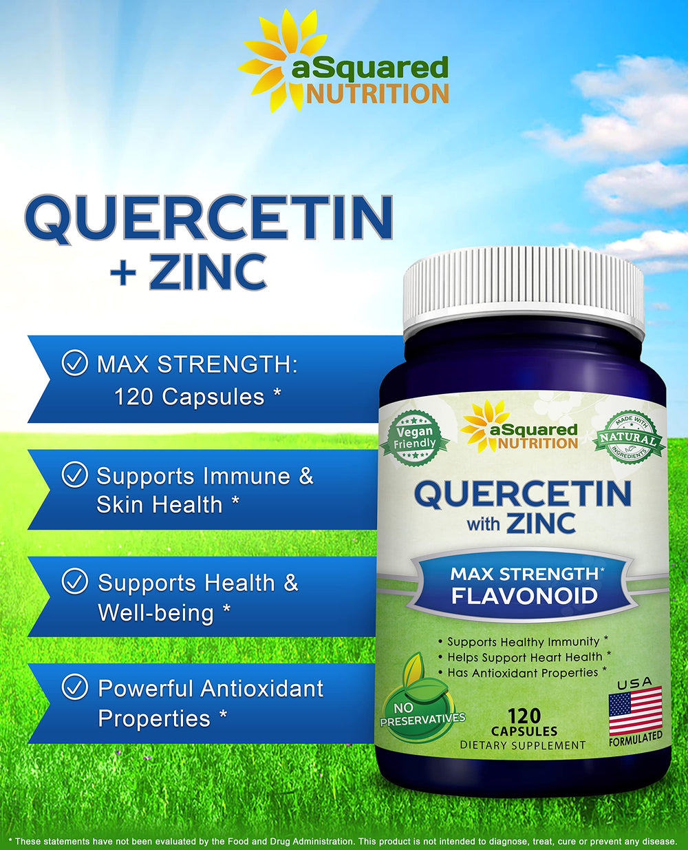 Quercetin capsules by aSquared Nutrition deliver antioxidant support in easy-to-swallow capsules.