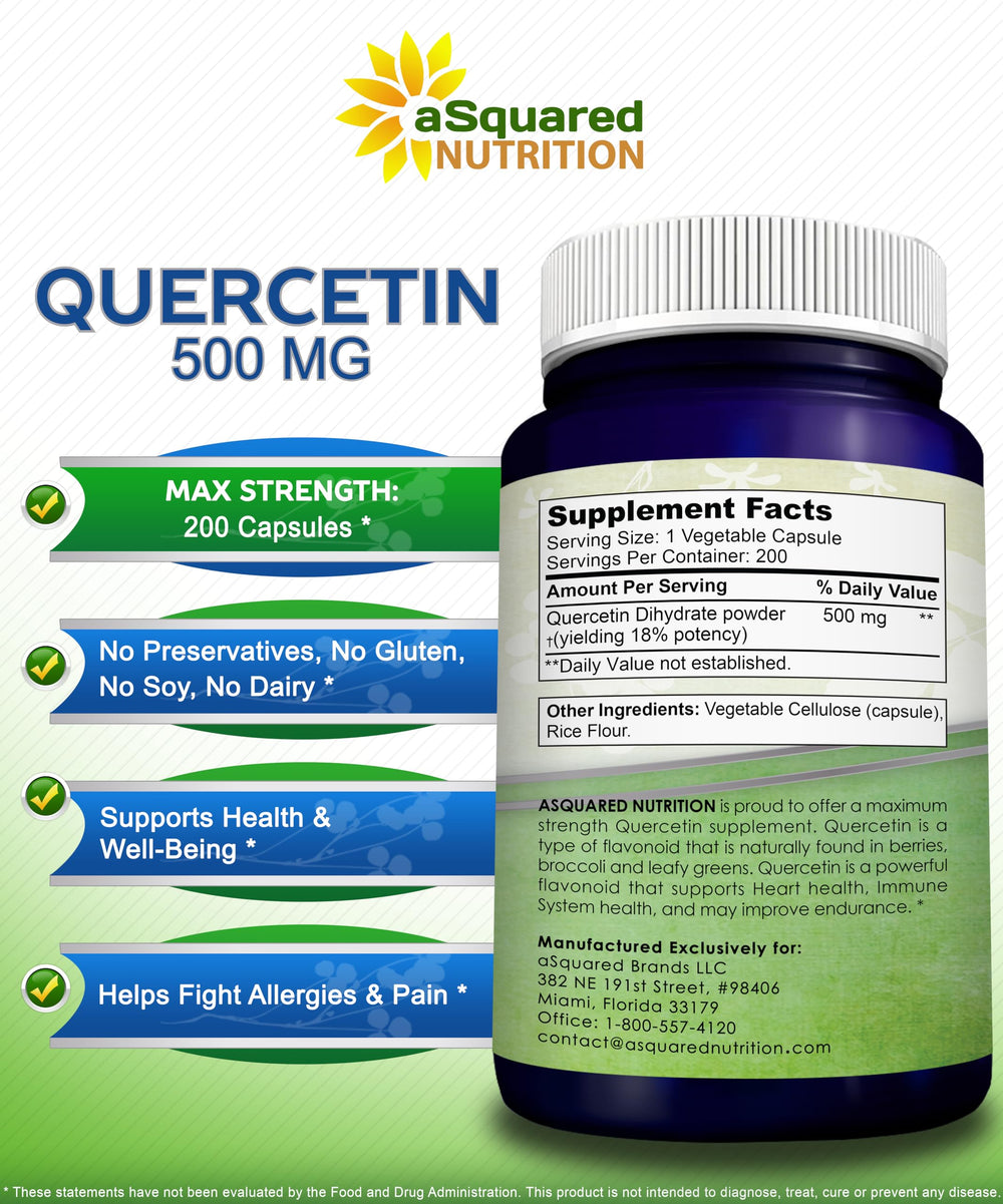aSquared Nutrition Quercetin 500mg bottle with glass; convenient daily supplement