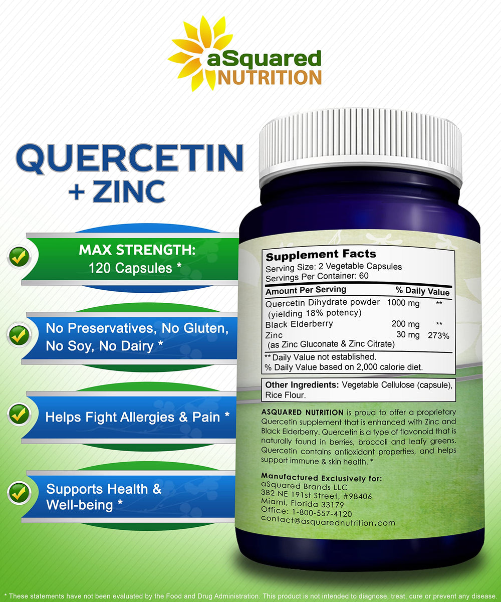 Quercetin with elderberry and zinc graphics suggest enhanced immune-friendly antioxidant power.