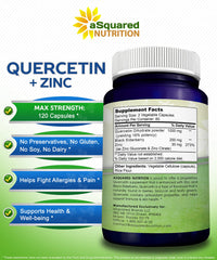 Quercetin with elderberry and zinc graphics suggest enhanced immune-friendly antioxidant power.