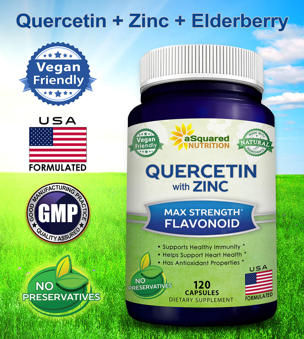 Label details show 1000mg quercetin per serving and a 60-day supply.