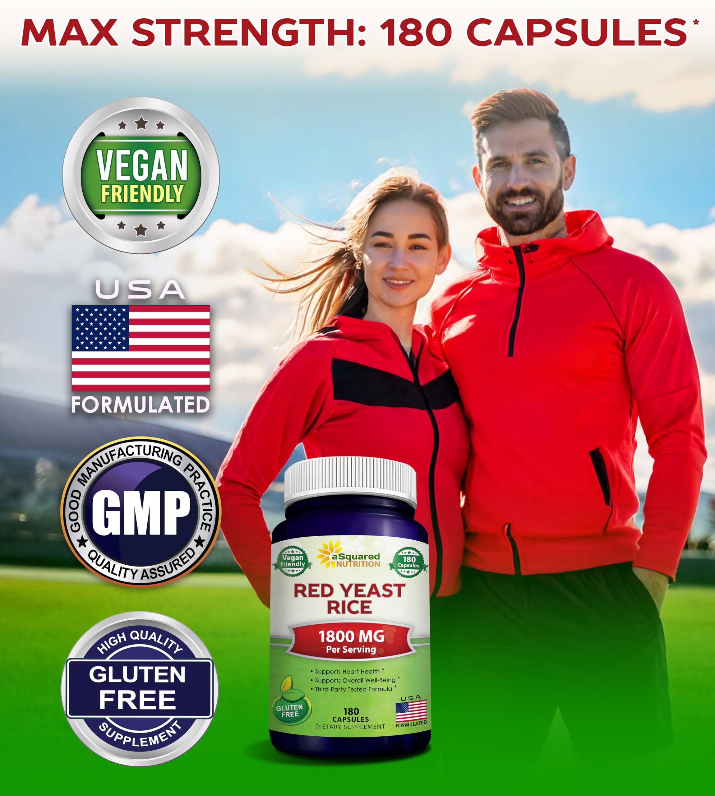aSquared Nutrition Red Yeast Rice 1800mg serving panel highlights daily dosage