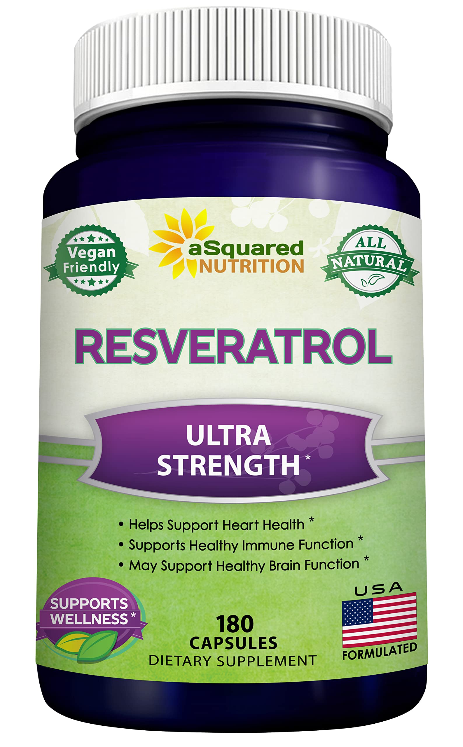 Asquared Nutrition resveratrol bottle front view highlighting antioxidant support for daily wellness