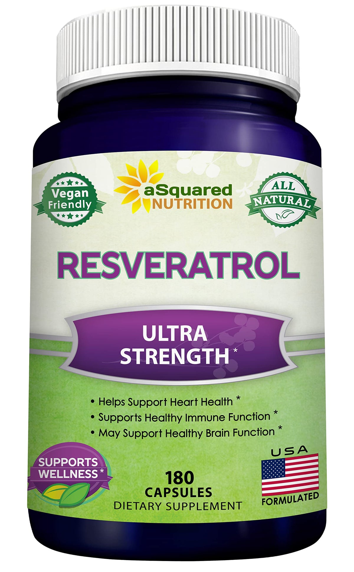 Asquared Nutrition resveratrol bottle front view highlighting antioxidant support for daily wellness