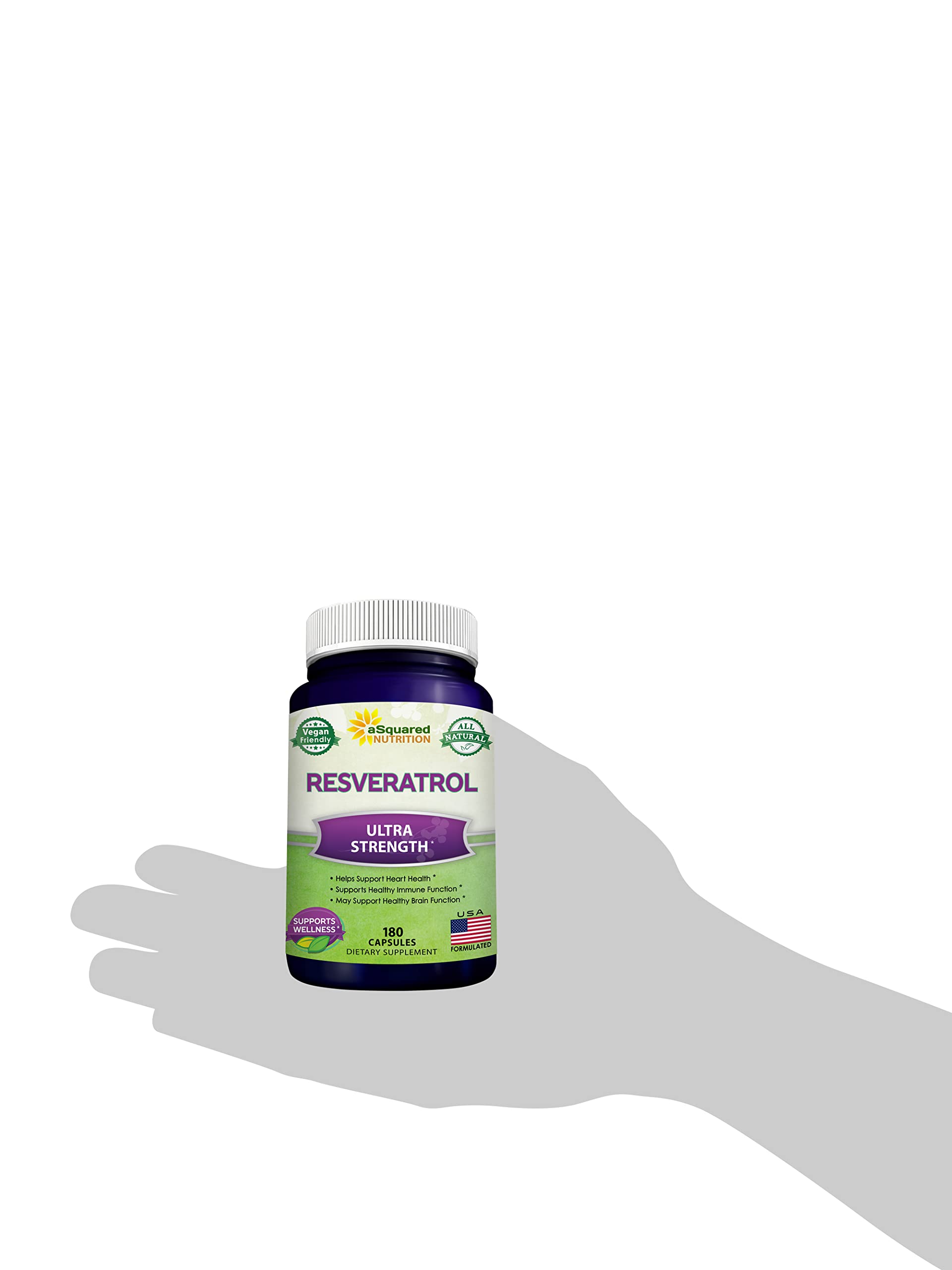Asquared Nutrition resveratrol bottle on desk with clear dosing cue
