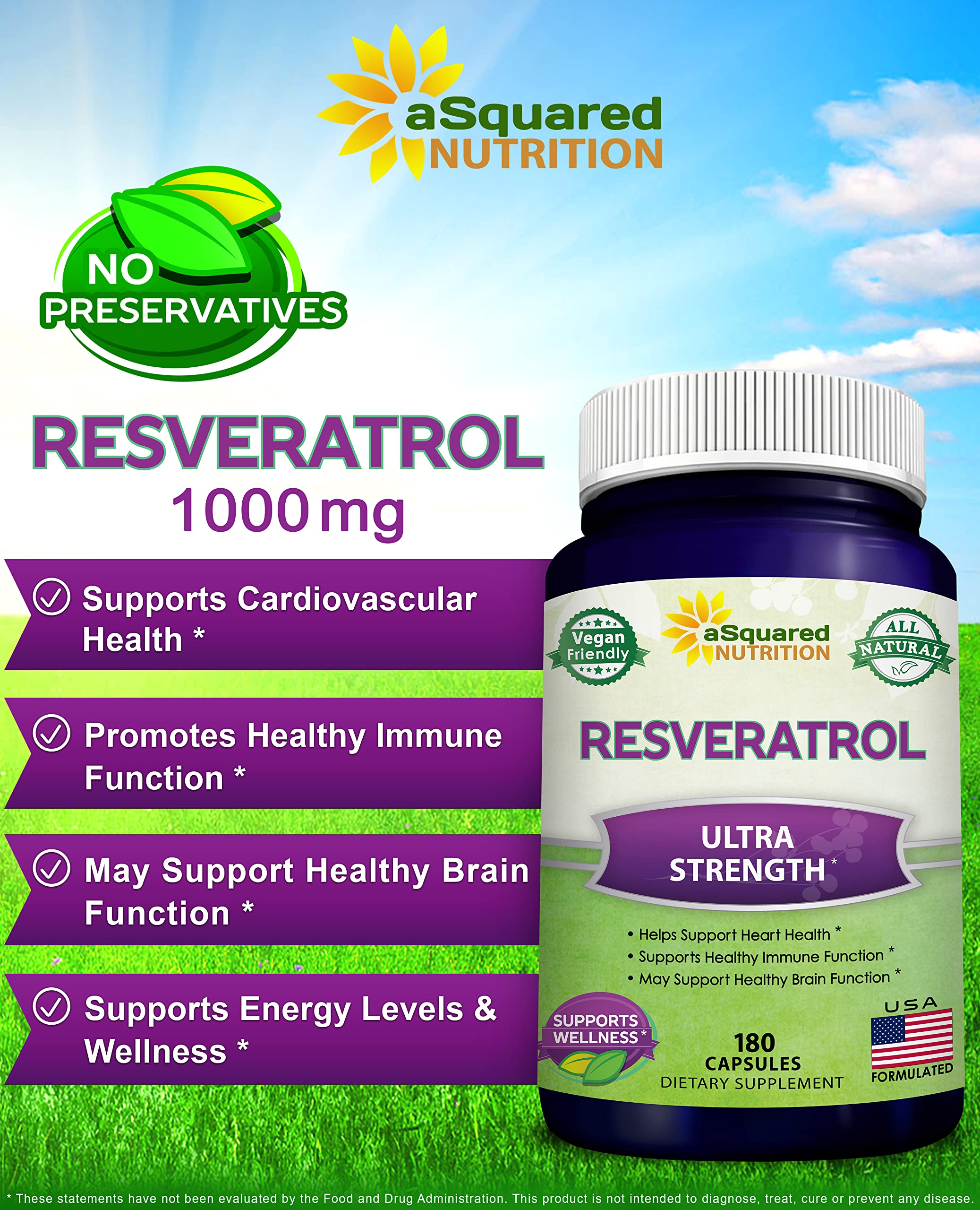 Asquared Nutrition resveratrol capsules close-up showing high potency per day