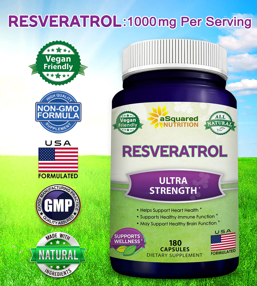 Asquared Nutrition resveratrol label close-up emphasizing vegan, non-GMO formulation