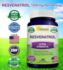 Asquared Nutrition resveratrol label close-up emphasizing vegan, non-GMO formulation