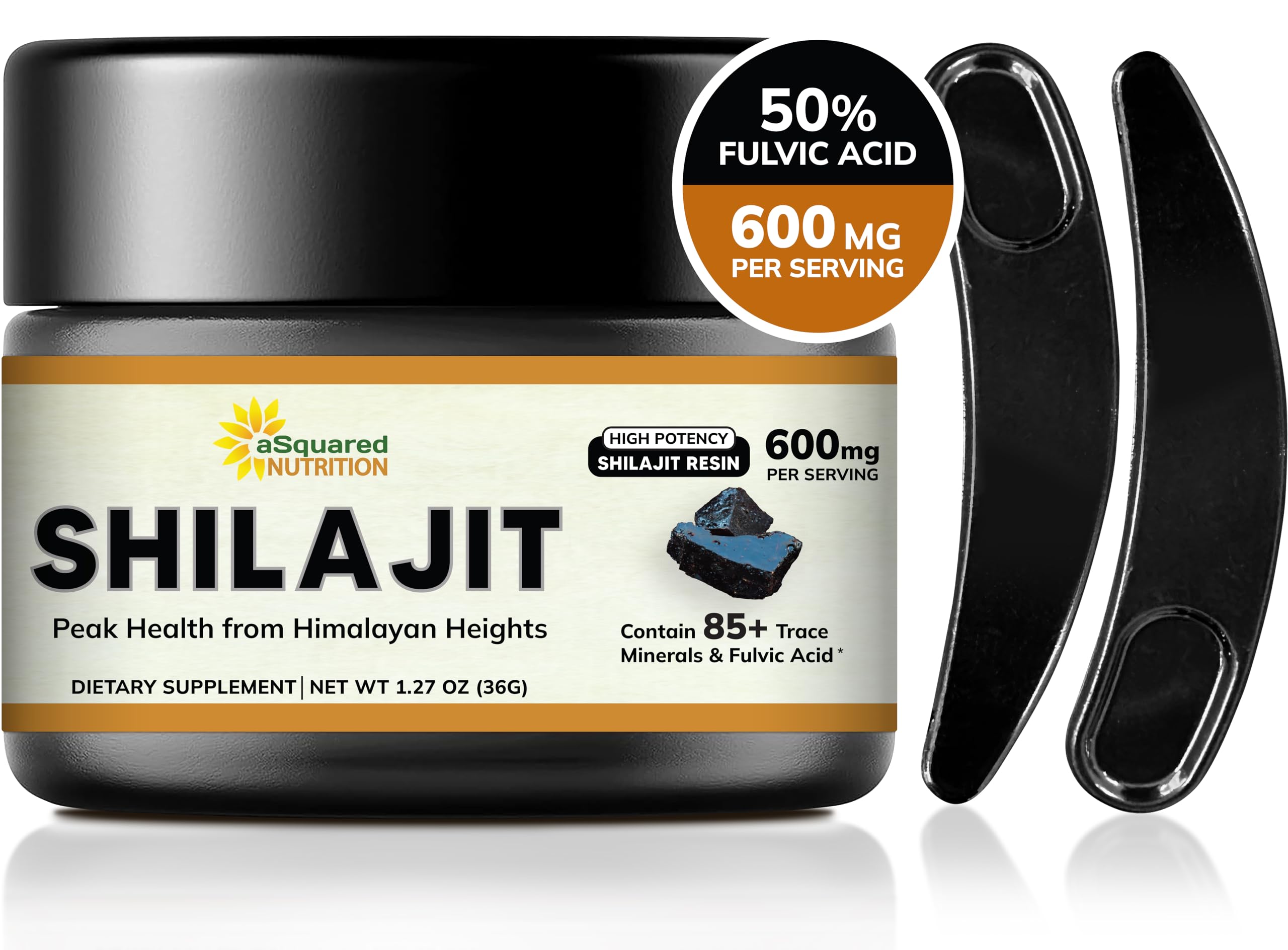 Asquared Nutrition Shilajit resin bottle shown with 600mg serving for daily vitality