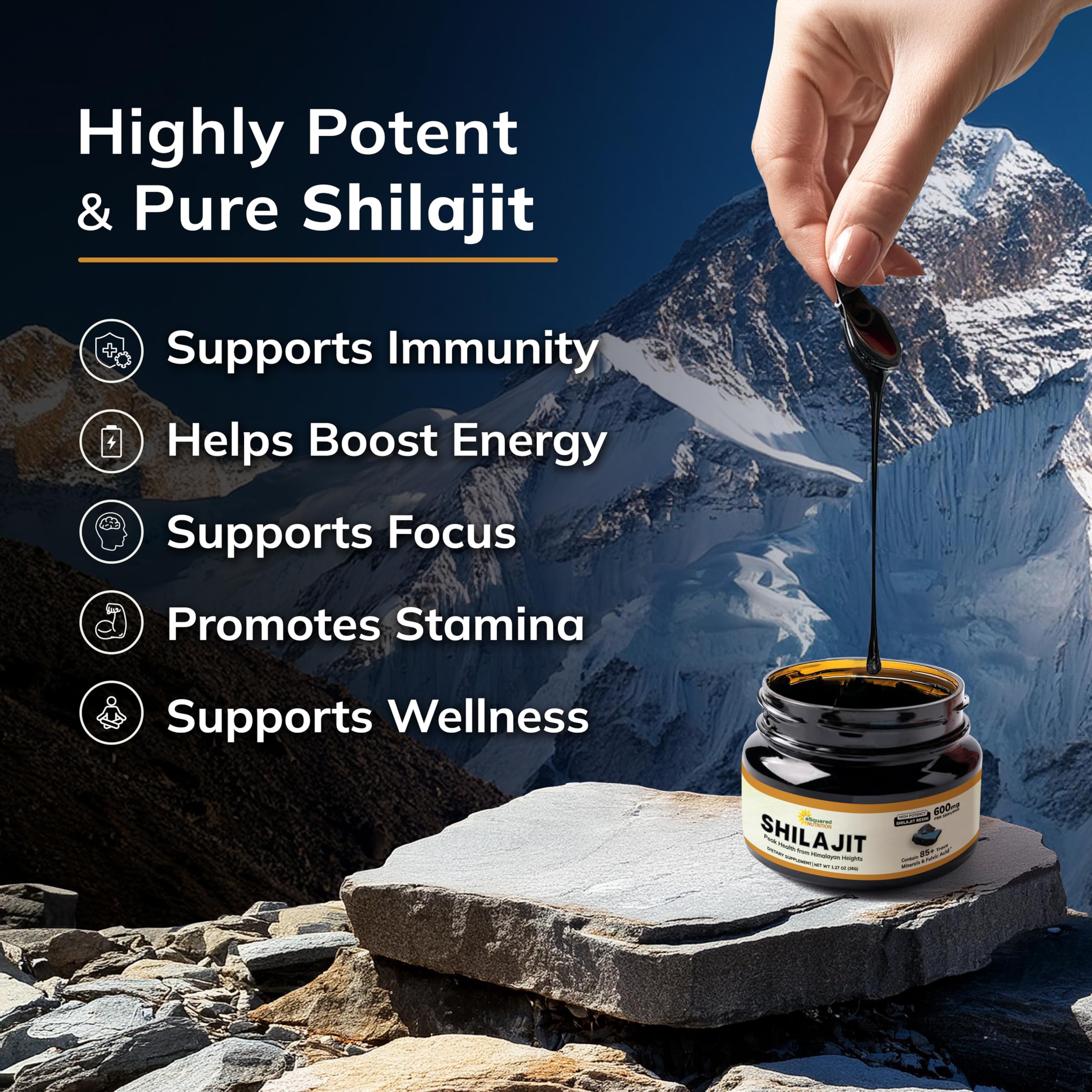 Asquared Nutrition Shilajit resin measuring scoops ensuring precise daily dosage