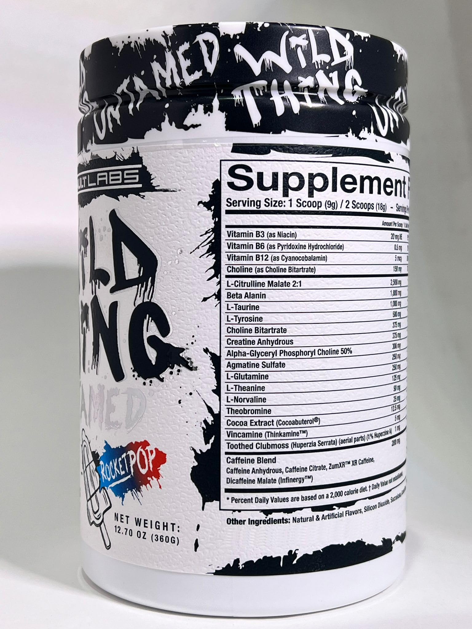 Assault Labs Wild Thing Rocket Pop tub front emphasizes premium ingredients.