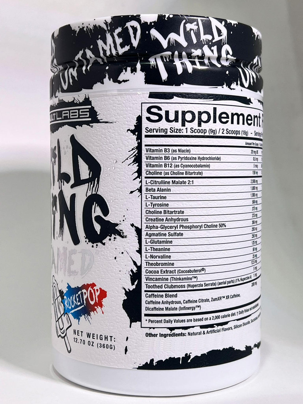 Assault Labs Wild Thing Rocket Pop tub front emphasizes premium ingredients.