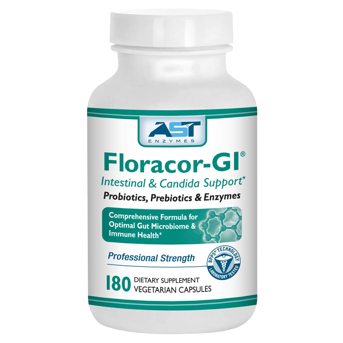 AST Enzymes Floracor bottle close-up for gut support