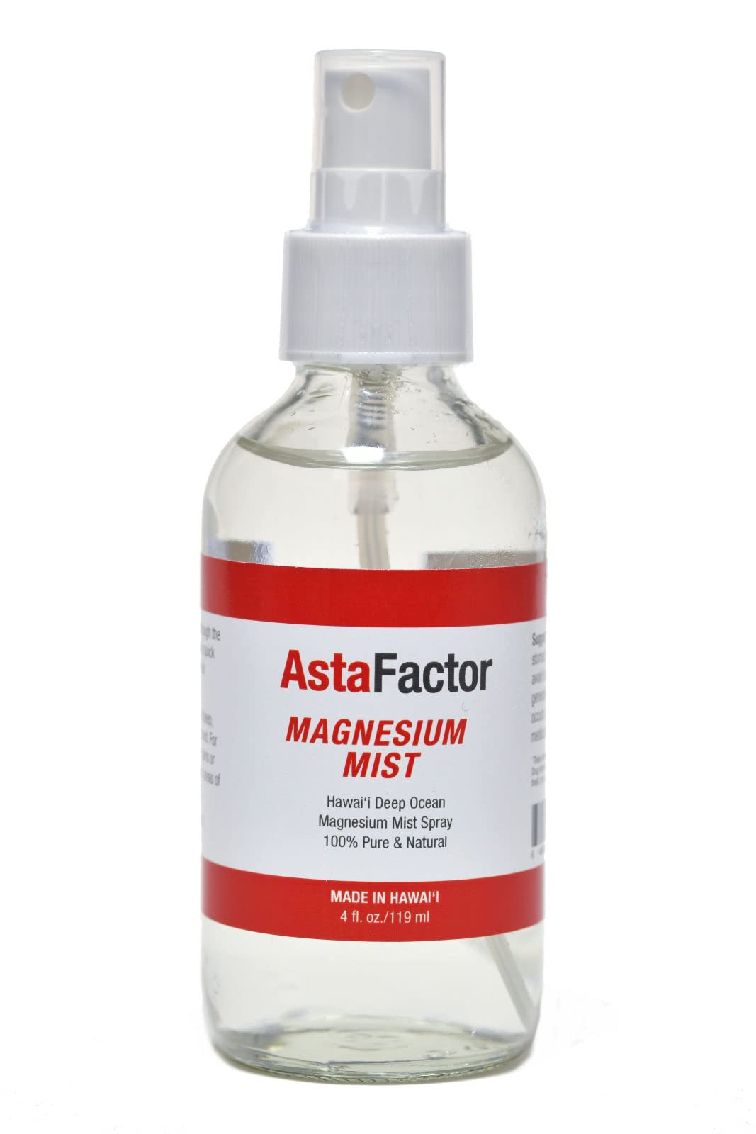AstaFactor magnesium mist bottle showing pure magnesium chloride for skin absorption.