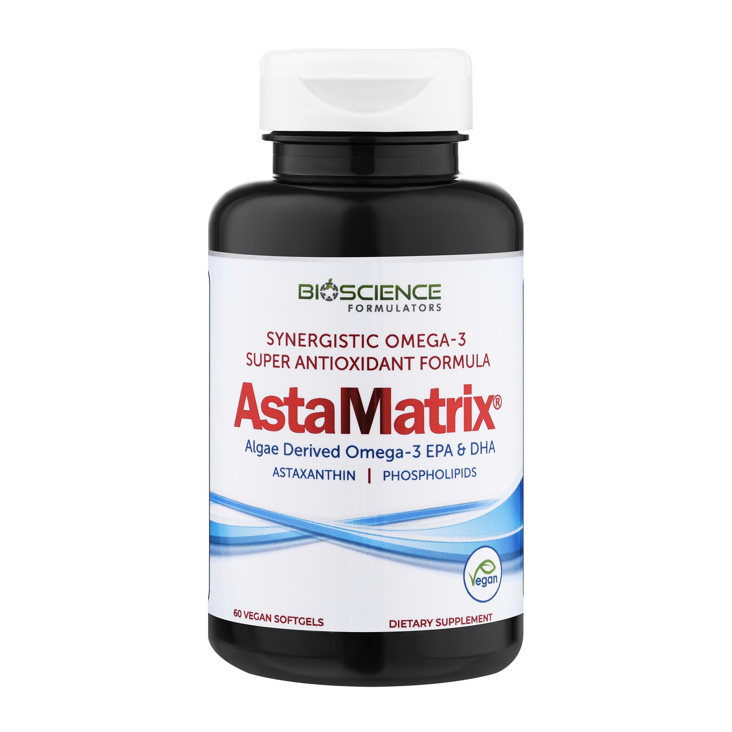 AstaMatrix algal omega-3 bottle front with vegan softgels for sustainable daily omega-3 support.