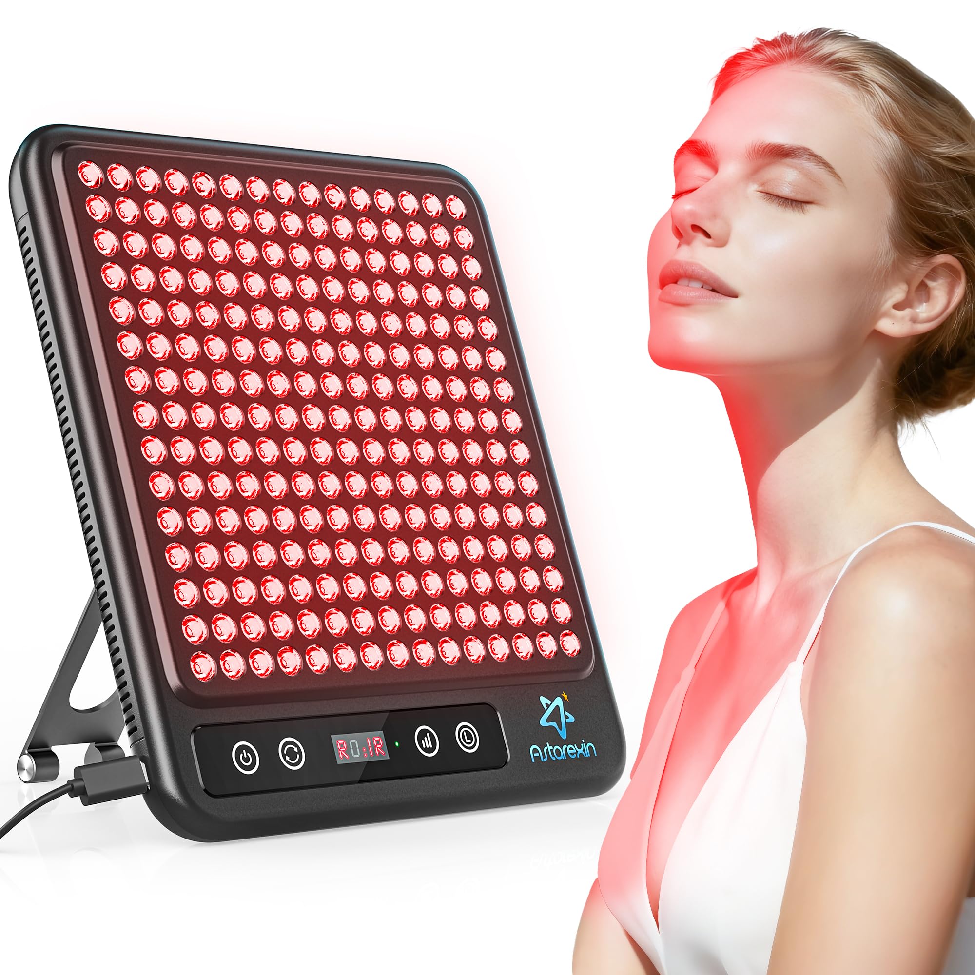 Astarexin red light panel front view for skin care and wellness sessions.