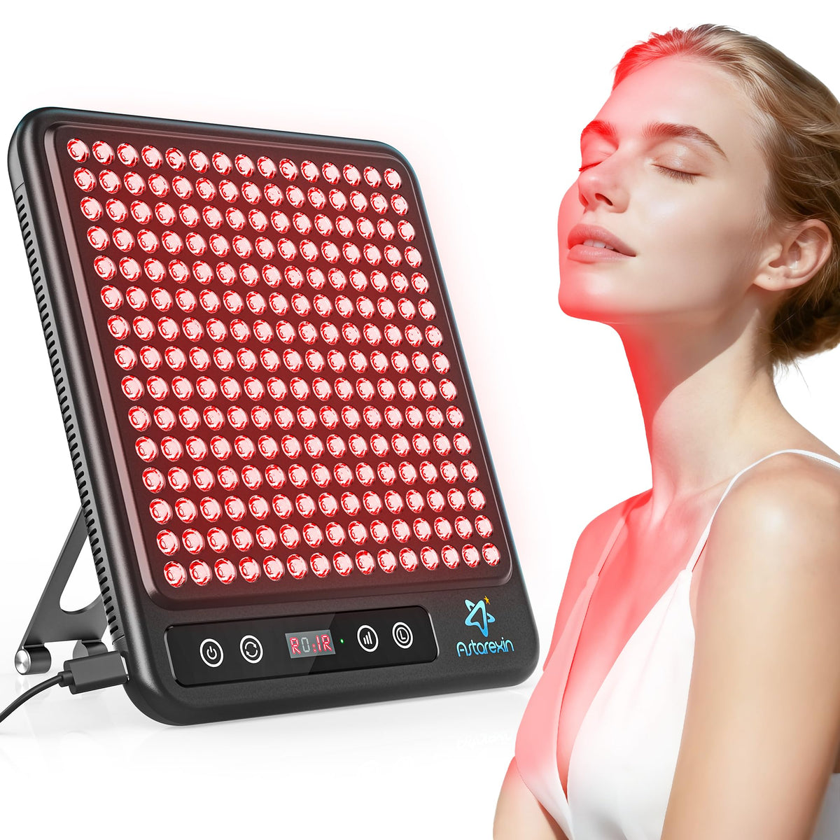 Astarexin red light panel front view for skin care and wellness sessions.