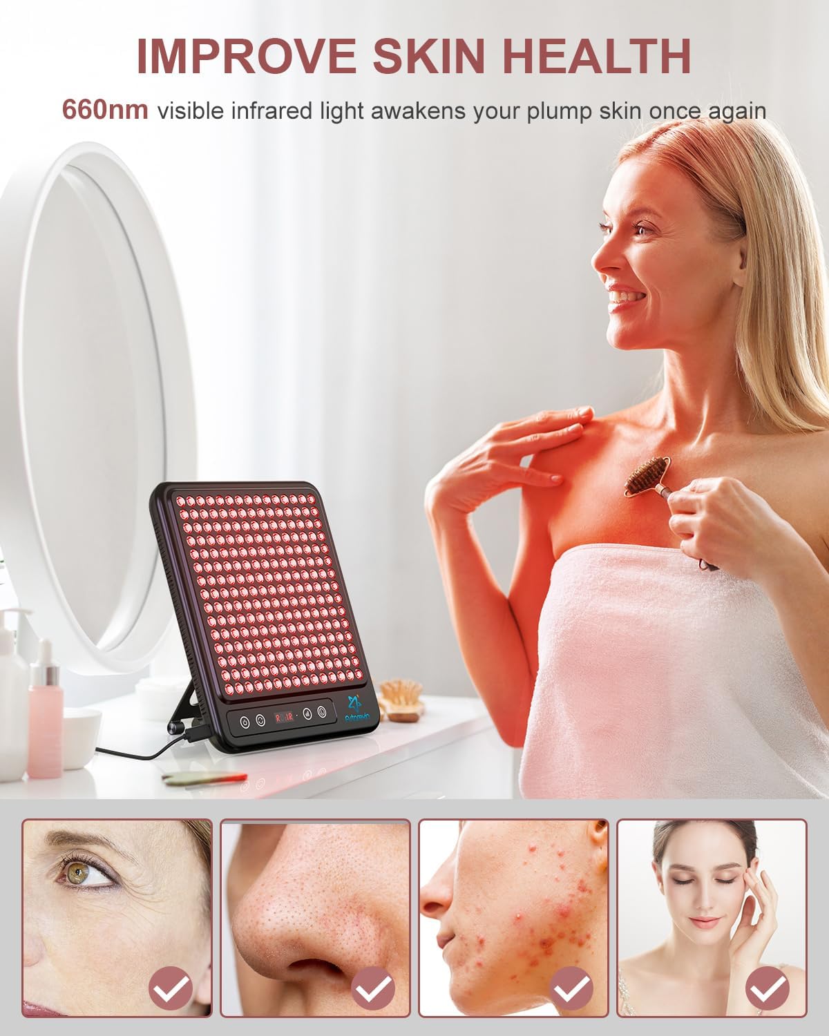Astarexin red light panel with detachable stand for hands-free use.