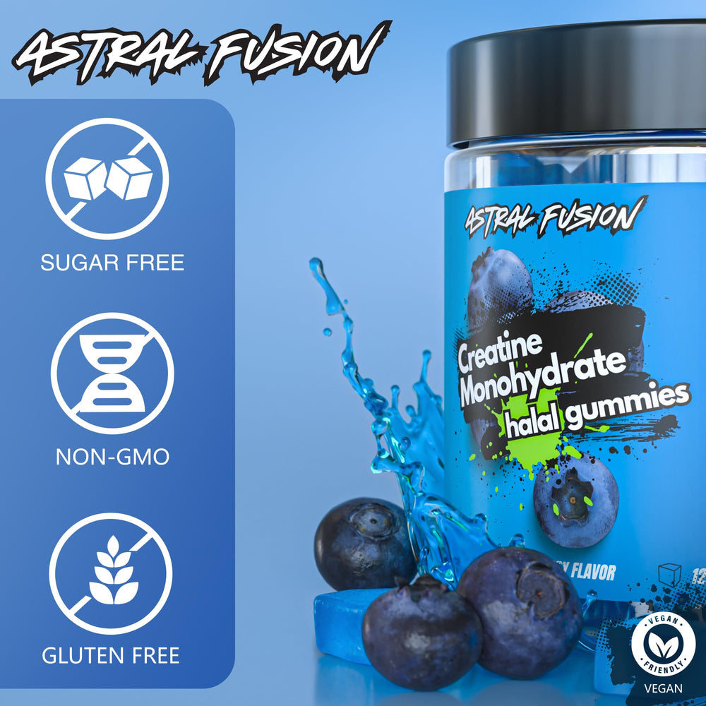 Astral Fusion Creatine Gummies blueberry flavor close-up texture and color
