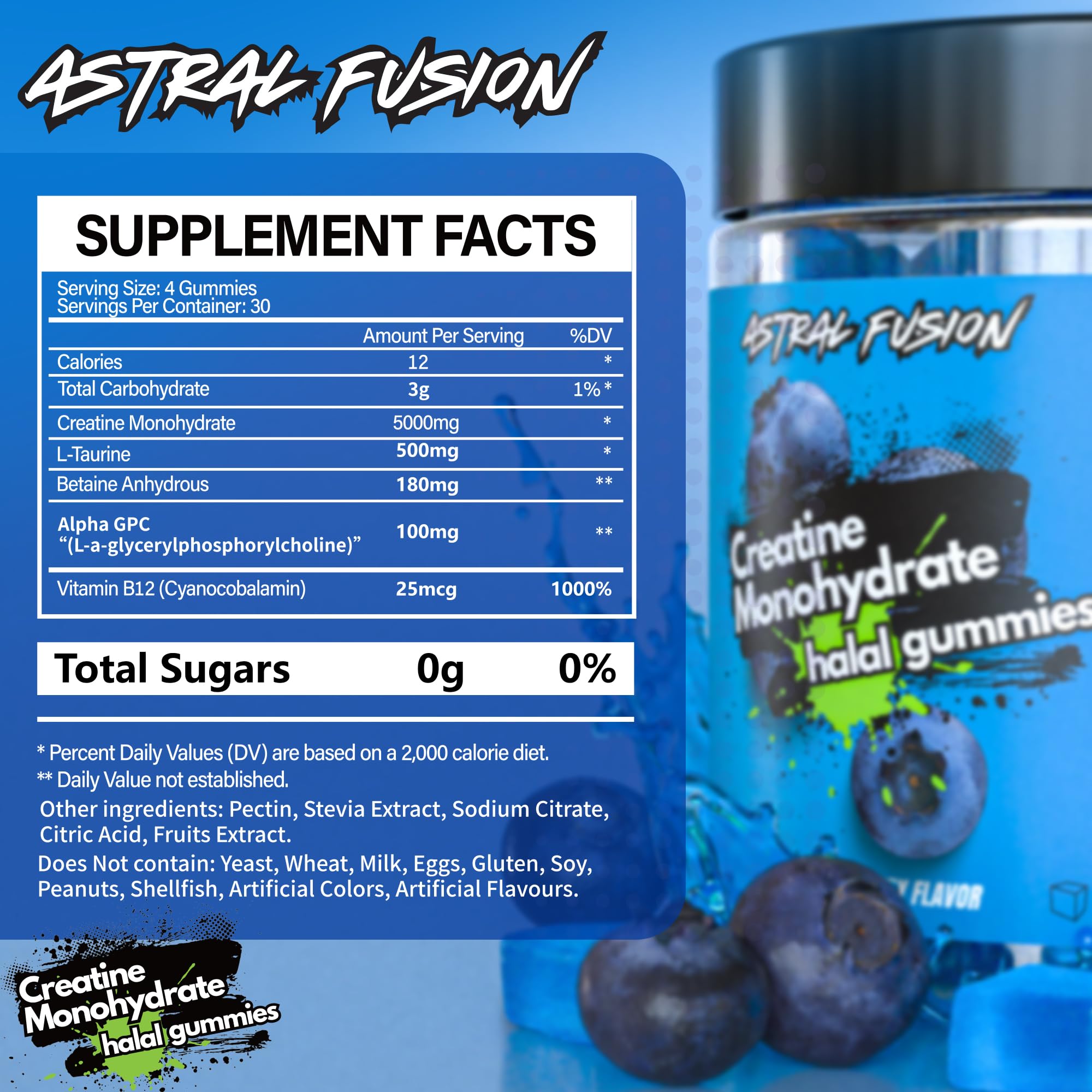 Astral Fusion Creatine Gummies label clean ingredients with no GMOs