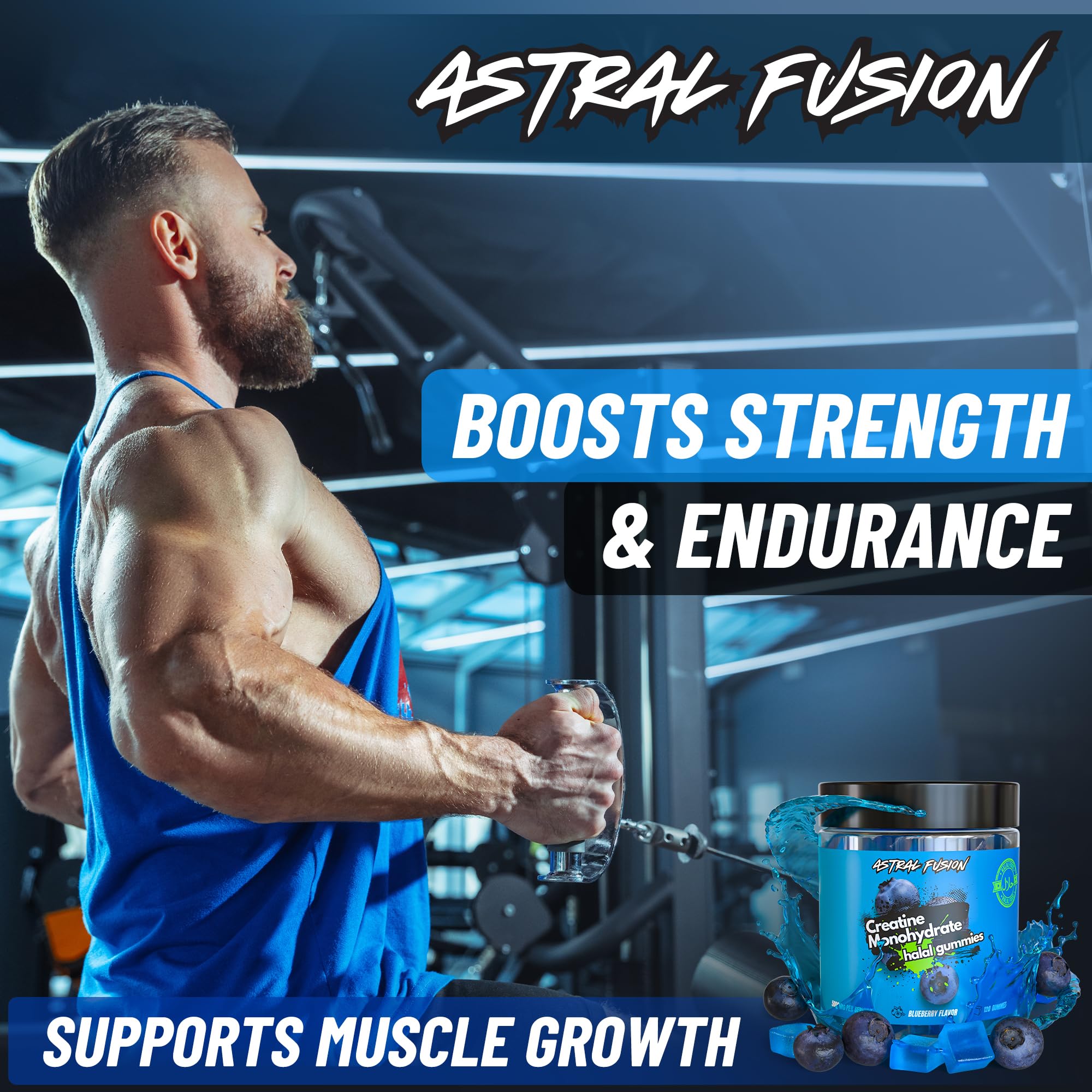 Astral Fusion Halal Creatine Gummies pack highlighting halal friendly ingredients