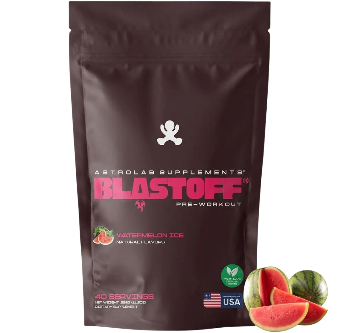 AstroLab BlastOff pre-workout powder with beet root boosts clean energy during workouts.