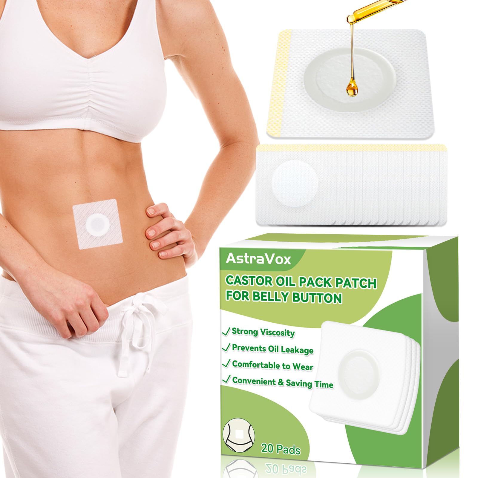 AstraVox castor oil patches packaging, clean and portable for easy use.