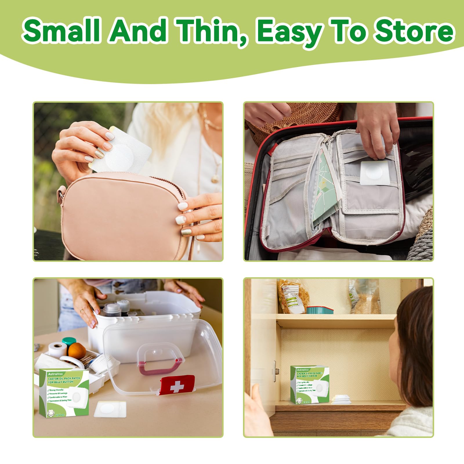 AstraVox travel-ready castor oil patches set, ideal for on-the-go use.