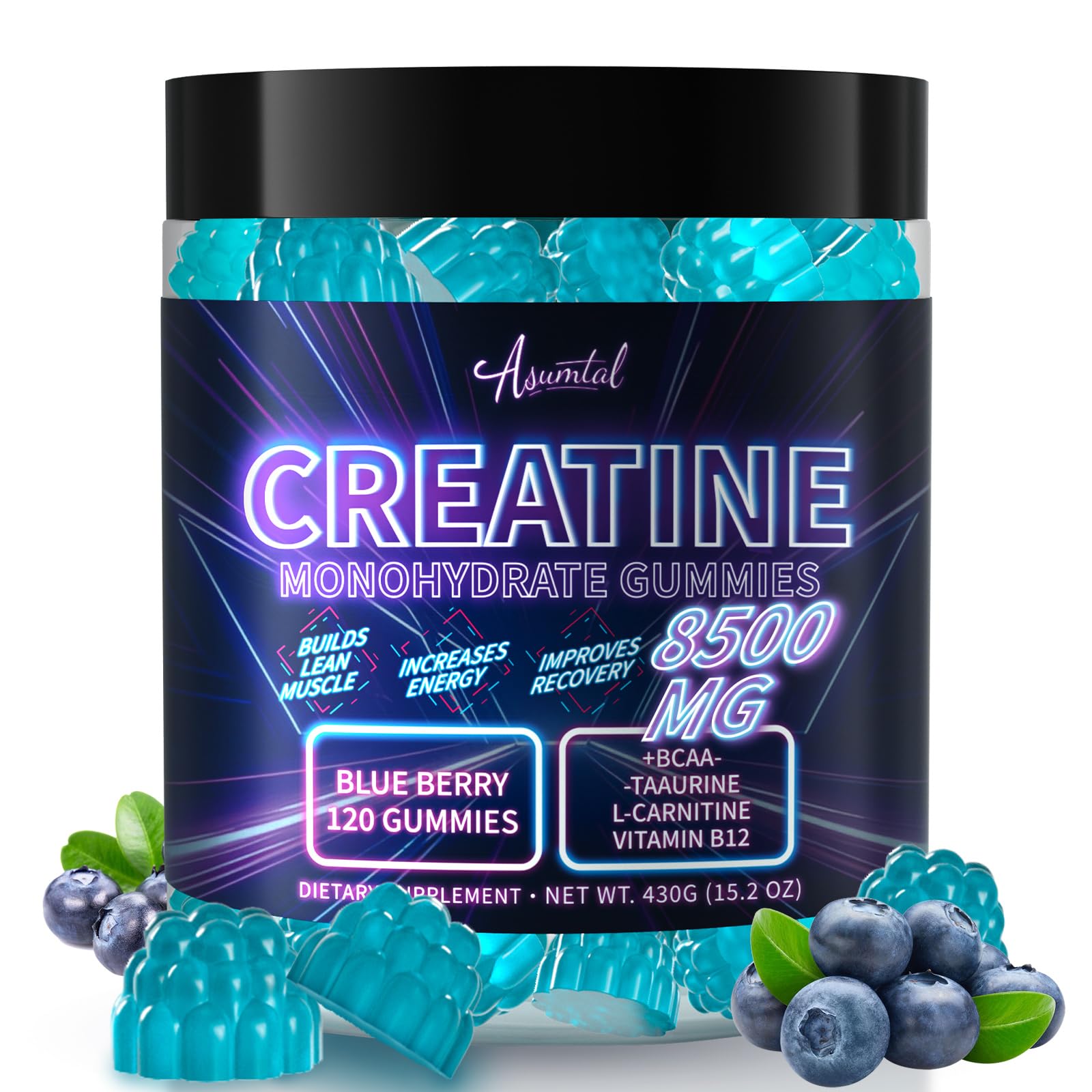 Asumtal Creatine Monohydrate Gummies blueberry bottle offers convenient energy support for workouts.
