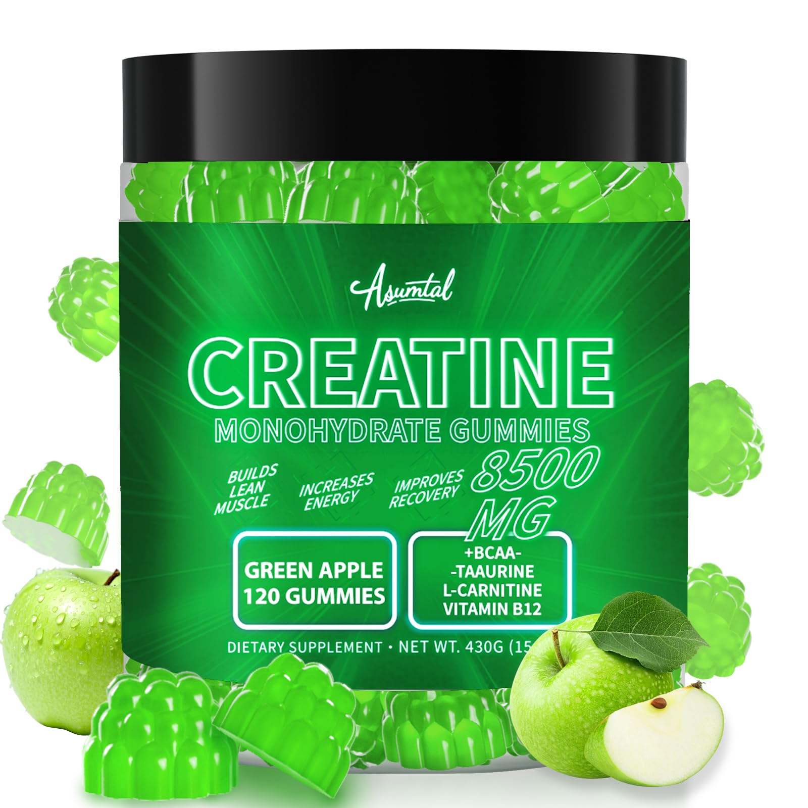 Asumtal Creatine Monohydrate Gummies Green Apple flavor in pack for on-the-go energy