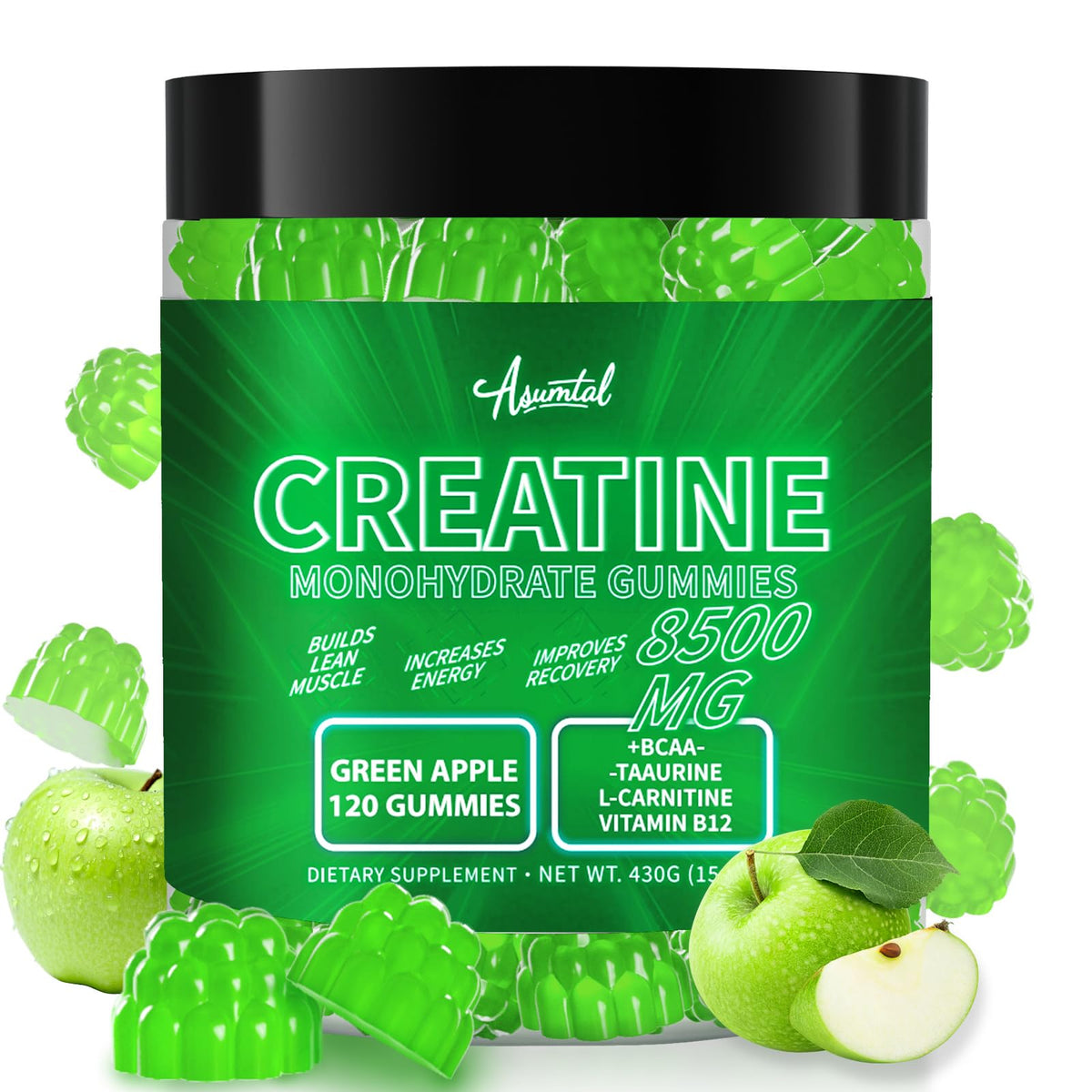Asumtal Creatine Monohydrate Gummies Green Apple flavor in pack for on-the-go energy
