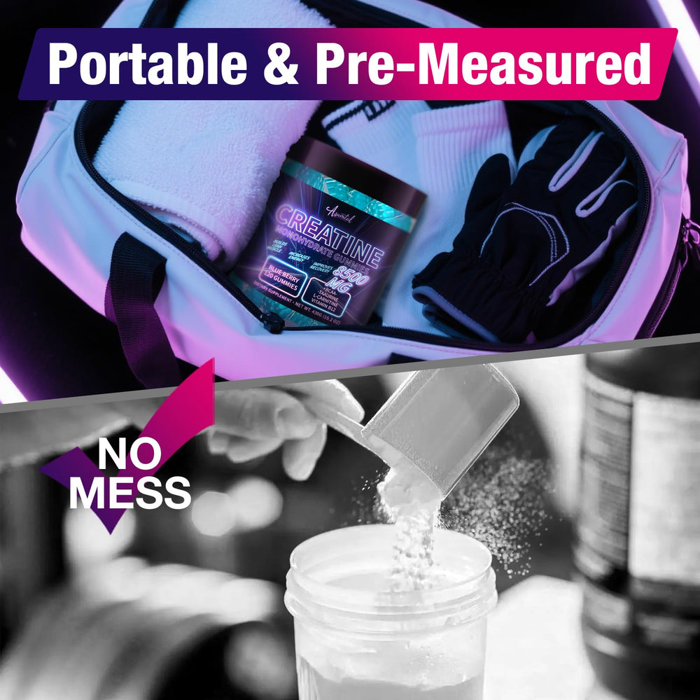 Asumtal Creatine Monohydrate Gummies pack on gym bag presents a pre-workout option.