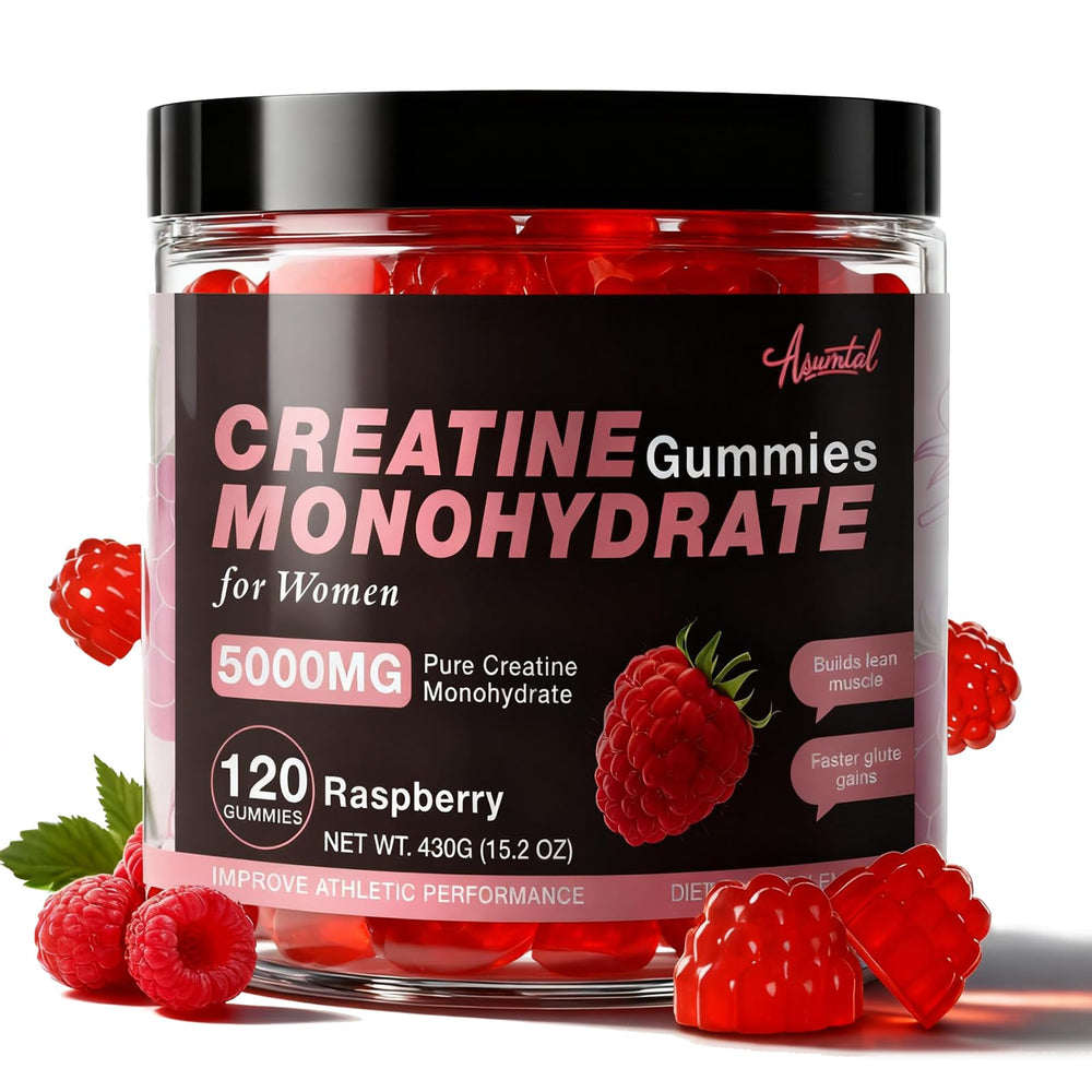 Asumtal Creatine Raspberry Gummies bottle showing sugar-free energy support for workouts