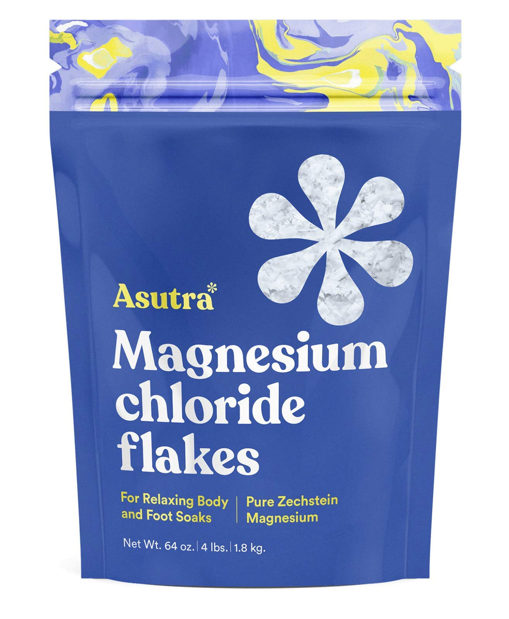 ASUTRA Magnesium Chloride Bath Flakes bottle highlights premium purity for relaxing bath soaks.