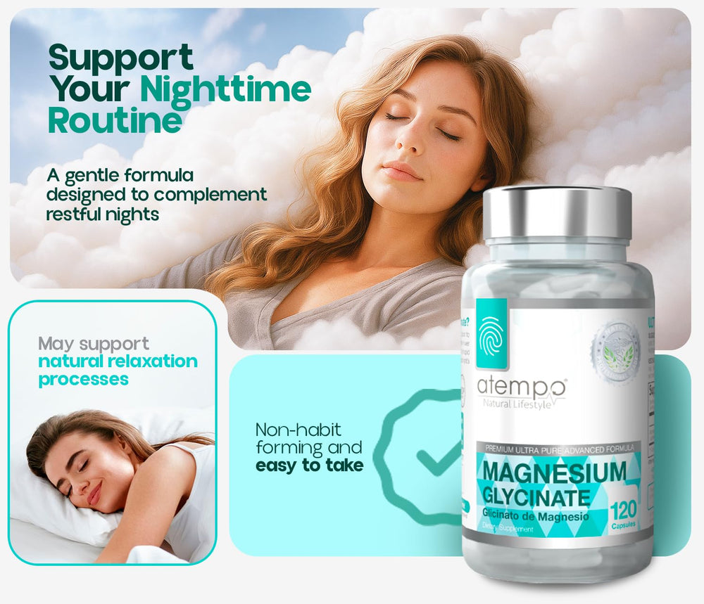 ATEMPO Natural Lifestyle Magnesium Glycinate capsules close-up highlighting vegan formula