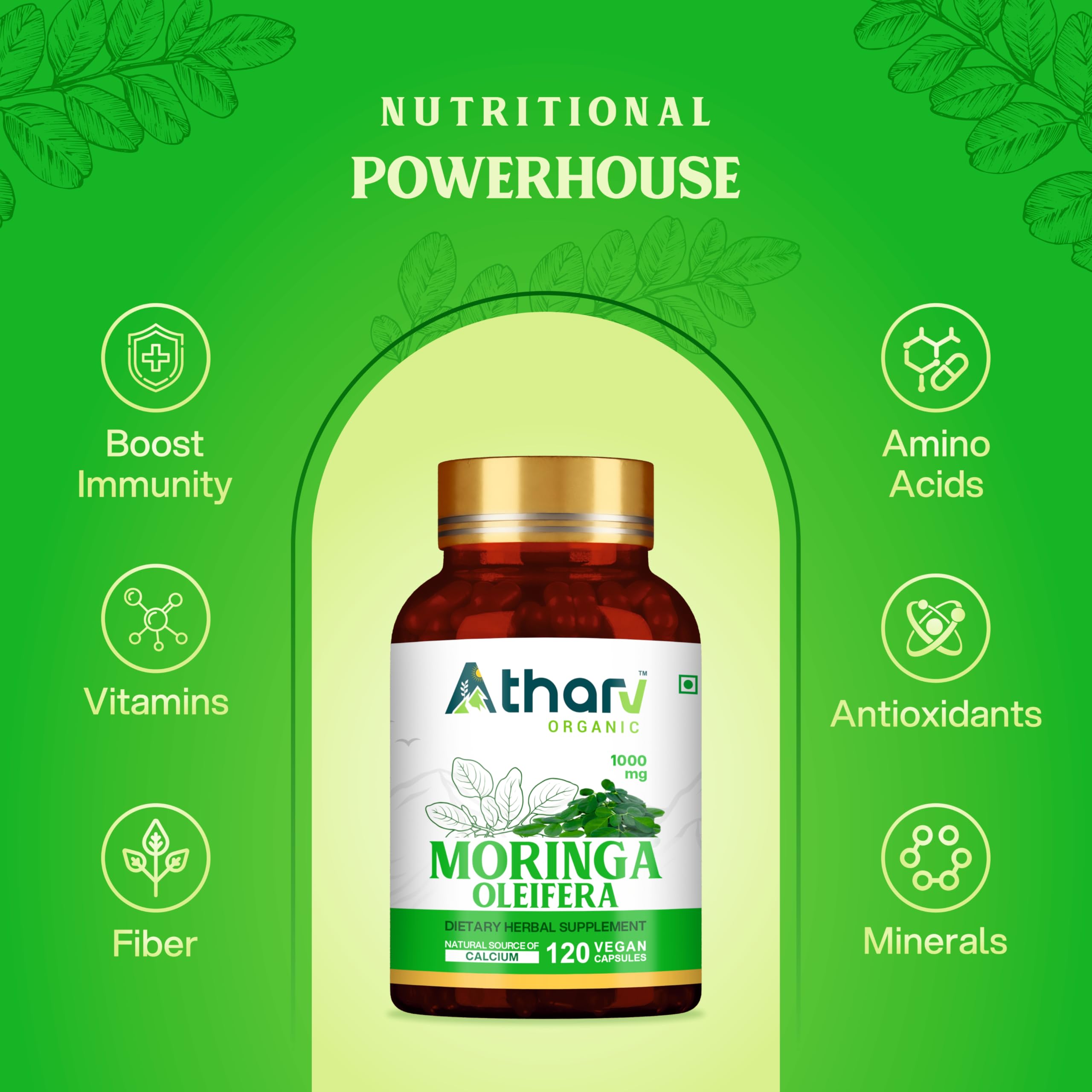 Atharv Organic Moringa Capsules close-up shows 1000 mg per serving for energy.