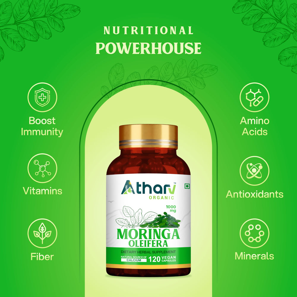 Atharv Organic Moringa Capsules close-up shows 1000 mg per serving for energy.