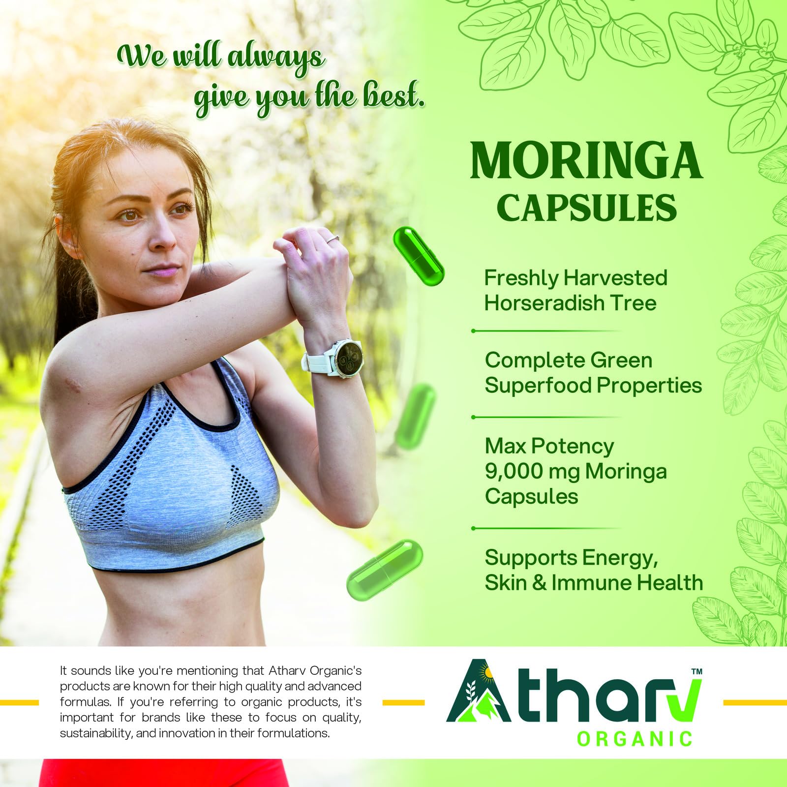 Atharv Organic Moringa Capsules glass bottle on countertop implies convenient use.