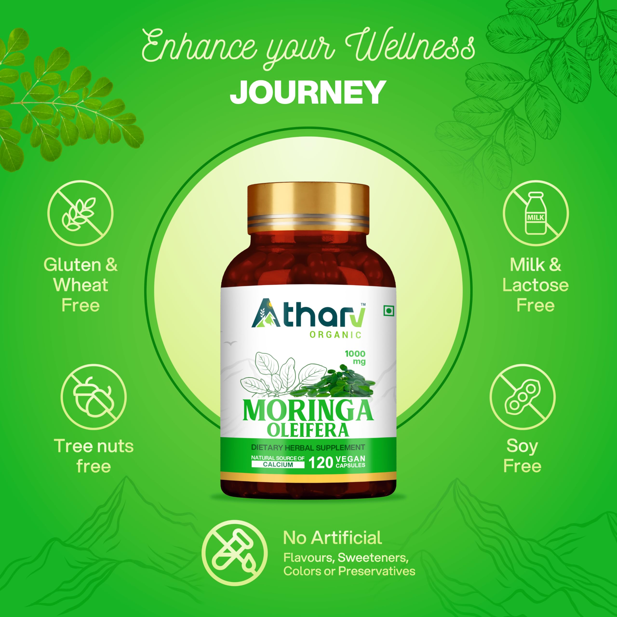 Atharv Organic Moringa Capsules label detail highlights vegan, gluten-free formula.