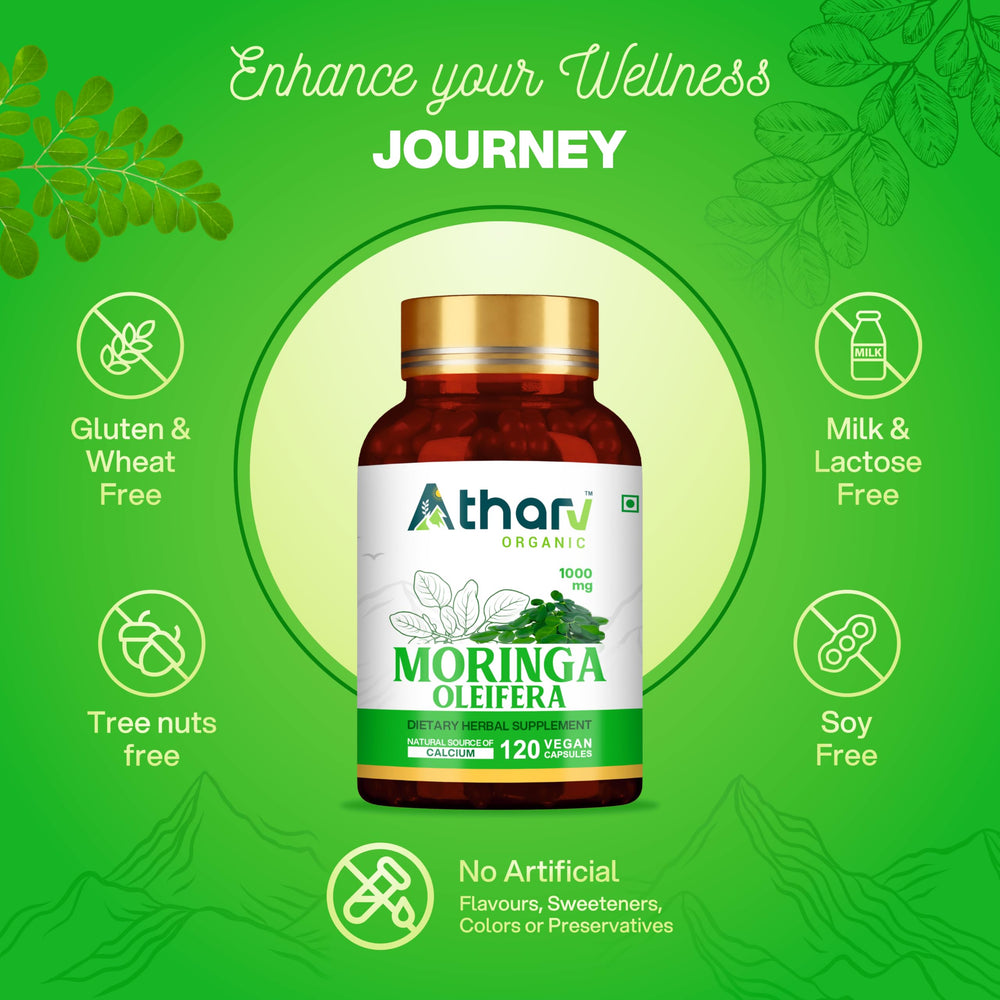 Atharv Organic Moringa Capsules label detail highlights vegan, gluten-free formula.