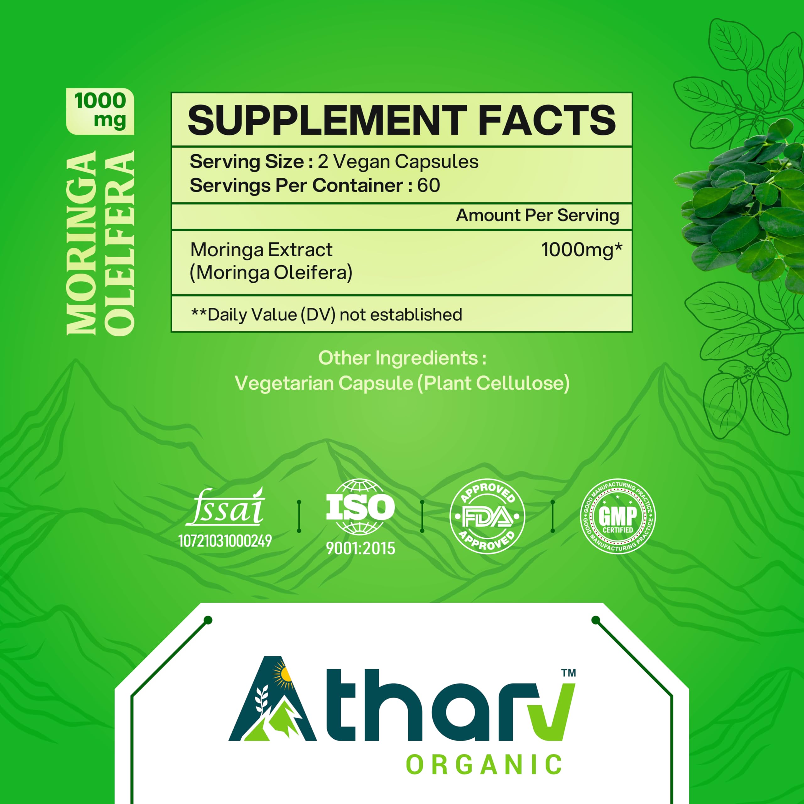 Atharv Organic Moringa Capsules packaging display shows 120 capsules value.