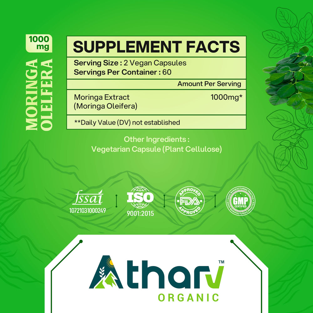 Atharv Organic Moringa Capsules packaging display shows 120 capsules value.